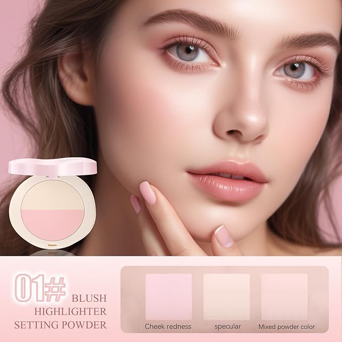 Pink Setting Powder, 3 in 1 Blush Palette with Puff, Highlighter Palette, Fine Texture Blush Pressed Powder, Setting Powder Makeup, Korea Makeup - Pink-Velvo Beauty
