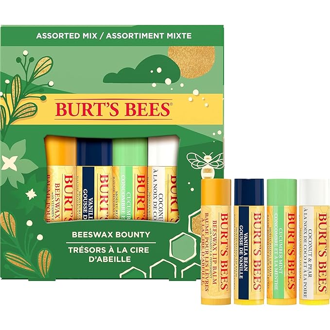 Burt's Bees Holiday Gift, 4 Lip Balms Stocking Stuffer, Assorted Mix Set, Classic Beeswax, Vanilla, Cucumber Mint & Coconut And Pear-Velvo Beauty