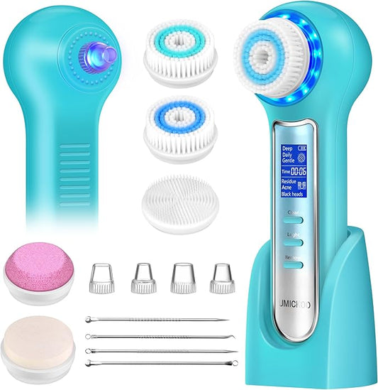 Face Scrubber Exfoliator,Facial Cleansing Brush Waterproof with LCD Screen,Blackhead Remover Vacuum with 5 Brush Heads,Face Spin Brush for Exfoliating (Blue-Blue)-Velvo Beauty