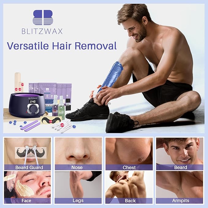 BLITZWAX Brazilian and Bikini Waxing Kit for Men, Hard Wax Warmer for Face, Legs, and Body, At Home Hair Removal Kit, Beginner Friendly, Quick Heating, 30 Nose Wax Sticks-Velvo Beauty