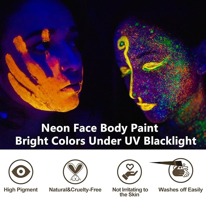 Go Ho Neon Gold Body Paint Washable(2.37oz,70ml),under UV Blacklight Neon Face Paint,Water Based Neon Fluorescent Golden Face Paint for Adults Children SFX Cosplay Costumes Halloween Makeup-Velvo Beauty