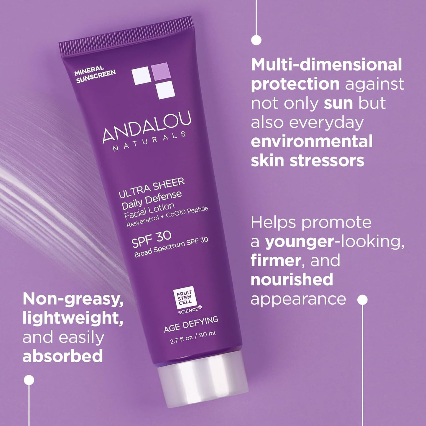 Andalou Naturals Age Defying Ultra Sheer Daily Defense Mineral Sunscreen SPF 30 | Face Lotion with Zinc Oxide | Lightweight Anti-Aging Sun Protection | 2.7 fl oz-Velvo Beauty