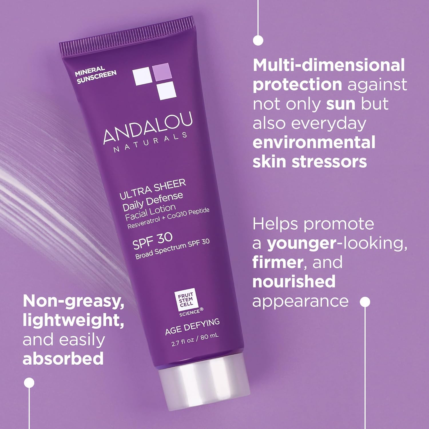 Andalou Naturals Age Defying Ultra Sheer Daily Defense Mineral Sunscreen SPF 30 | Face Lotion with Zinc Oxide | Lightweight Anti-Aging Sun Protection | 2.7 fl oz-Velvo Beauty