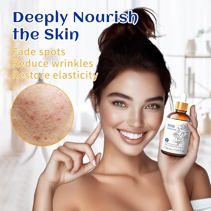 HIQILI Rose Essential Oil 1 Fl Oz, 100% Natural Therapeutic Grade for Aromatherapy, Diffuser, Skin Care, Massage, Includes Premium Quality Glass Dropper-Velvo Beauty