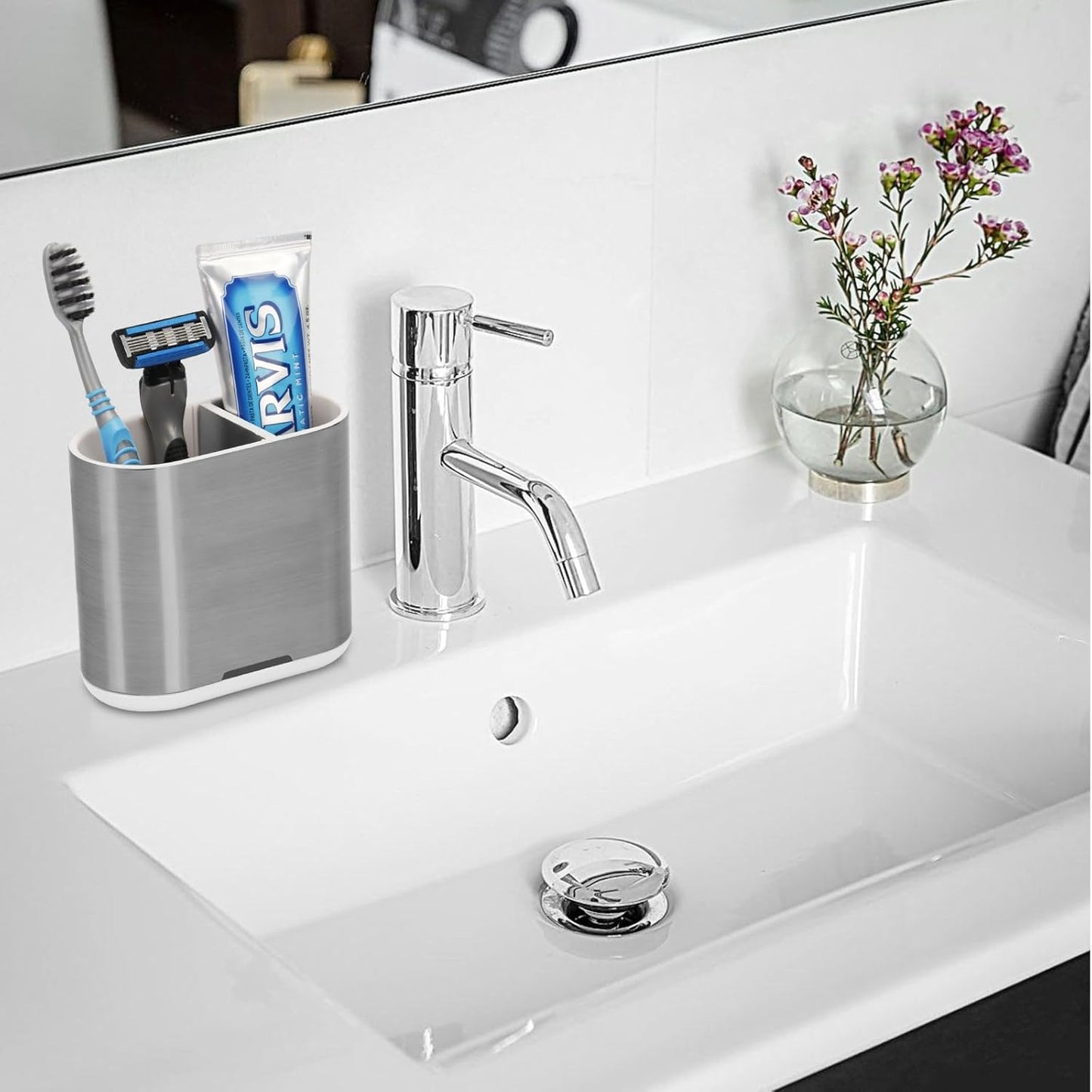 Toothbrush and Toothpaste Holder with Divider for Bathroom Countertop Organizer, 2 Slots Electric Toothbrush Holders Storage Caddy Drainage for Family, Kids (Brushed Silver)-Velvo Beauty