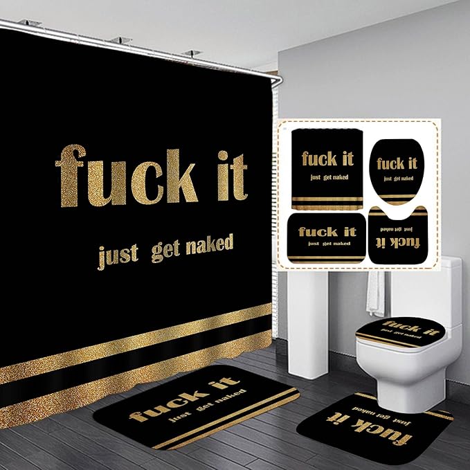 4PCS Gold Glitter Get Naked Shower Curtain Set, Funny Quote Stripe Luxury Glam Modern Dorm Bathroom Decor, Waterproof Fabric Black Shower Curtain, Non-Slip Bath Mat Toilet Rug, Just Get Naked-Velvo Beauty