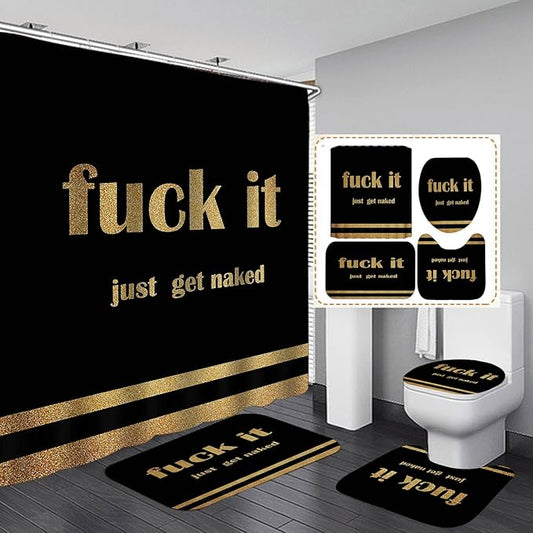 4PCS Gold Glitter Get Naked Shower Curtain Set, Funny Quote Stripe Luxury Glam Modern Dorm Bathroom Decor, Waterproof Fabric Black Shower Curtain, Non-Slip Bath Mat Toilet Rug, Just Get Naked-Velvo Beauty