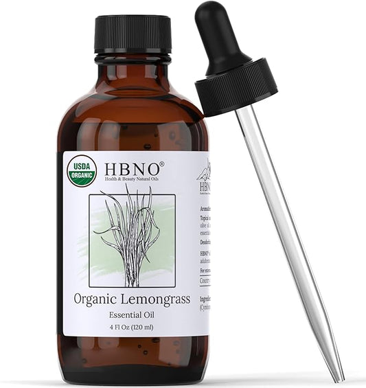 HBNO Organic Lemongrass Essential Oil - Huge 4 oz (120ml) Value Size - USDA Certified Organic Lemongrass Essential Oil, Perfect for Aromatherapy, Soap Making, DIY, Diffuser-Velvo Beauty