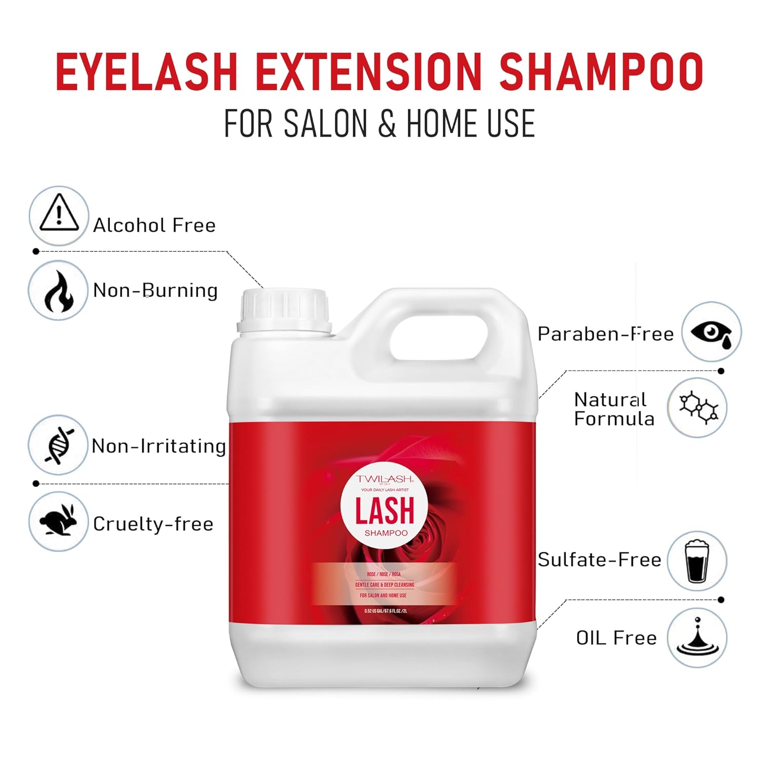 Lash Shampoo Bulk, Eyelash Cleanser for Extensions 2 Liters, Safe Makeup Remover, Non-irritating or Burning Eyelid Foaming Cleanser for Professional Salon and Home Use (Rose-2L)-Velvo Beauty