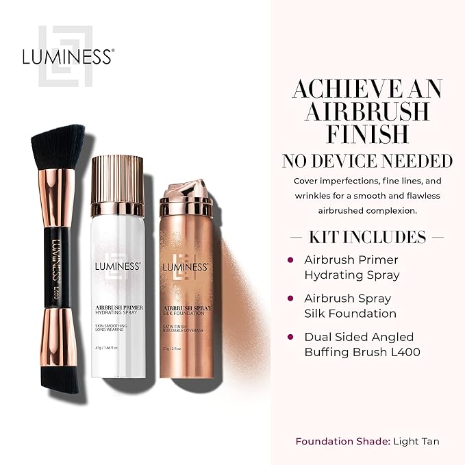 LUMINESS Airbrush Spray Silk Foundation Starter Kit - Warm Deep - Foundation, Primer & Dual-Sided Angled Buffing Brush - Medium, Buildable Coverage, Anti-Aging Formula Hydrates & Moisturizes-Velvo Beauty
