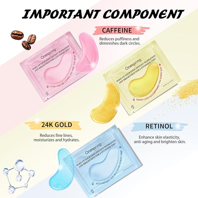 Eye Masks (36 Pairs) - Caffeine, Retinol, 24K Gold for Puffiness, Dark Circle, Wrinkles, Fine Lines - Firming Eye Gel Pads, Great for Holiday Gifts and Personal Use-Velvo Beauty