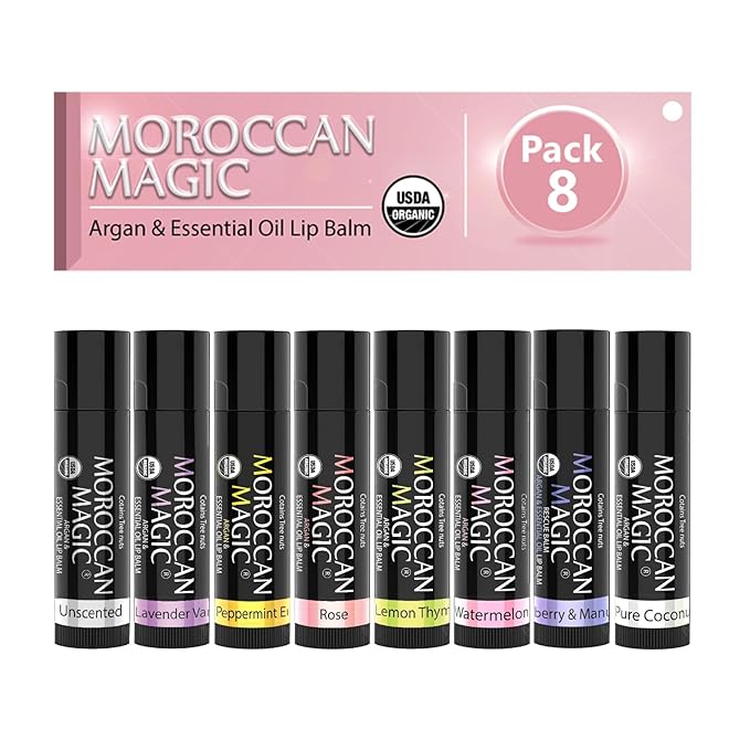 Moroccan Magic Organic Lip Balm Variety Pack Gift Set | Natural Argan and Essential Oils | Smooth | Non-Toxic Cruelty Free | 8 Pack-Velvo Beauty