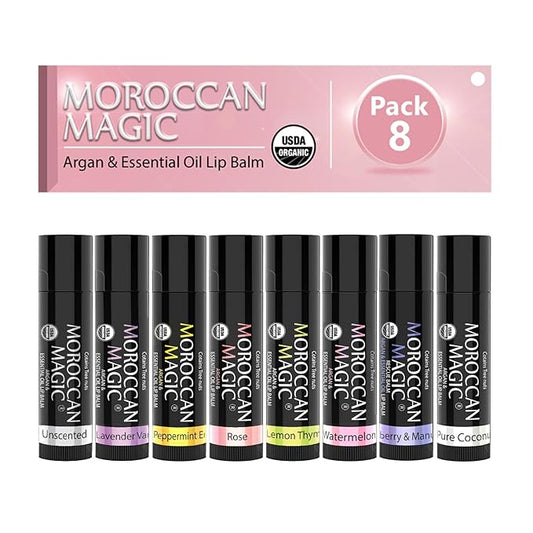 Moroccan Magic Organic Lip Balm Variety Pack Gift Set | Natural Argan and Essential Oils | Smooth | Non-Toxic Cruelty Free | 8 Pack-Velvo Beauty