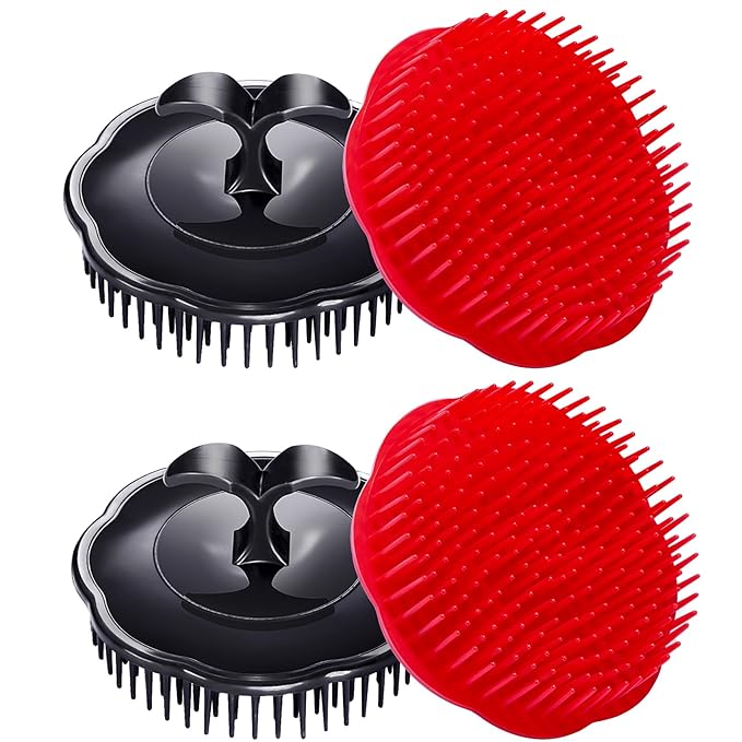 Hair Scalp Brush Dandruff Cleaning Brush Shower Scalp Shampoo Brush Scalp Massager Pack of 4 (Black and red)-Velvo Beauty