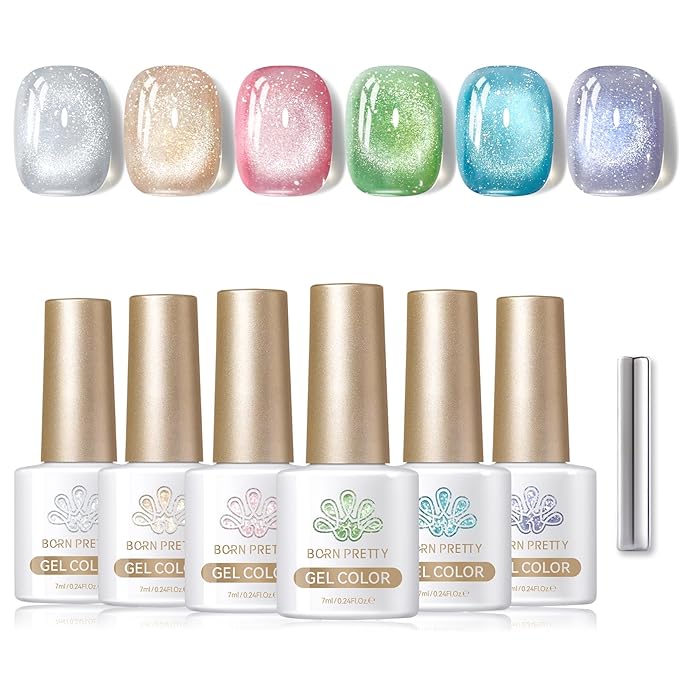Born Pretty Magnetic Gel Nail Polish Pastel Cat Magnetic Eye Gel Polish Glitter Shimmer Auroras Magnetic Gel Nail Art Manicure Kit 6PCS-Velvo Beauty