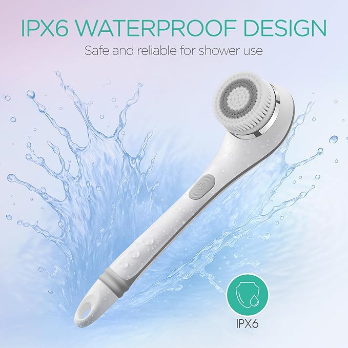 VOYOR Electric Body Brush Back Scrubber for Shower Rechargeable Exfoliating Bath Brush Powered Shower Brush with Non-Slip Long Handle Deep Cleansing, Exfoliation, Massaging Spin Brush BC100 (Gery)-Velvo Beauty