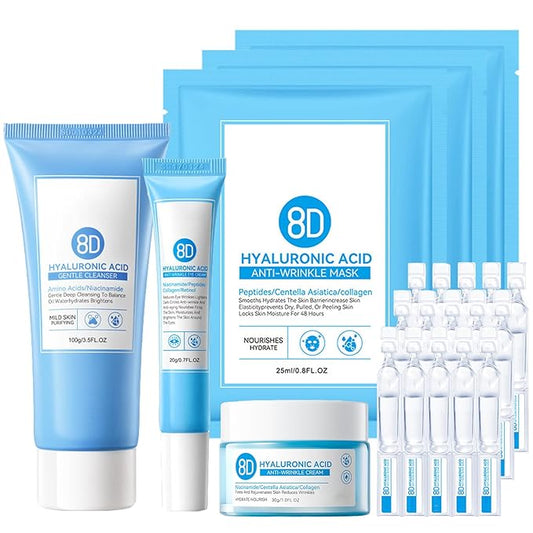 8D Hyaluronic Acid Face Care Set, Hydrating Skin Care Set Moisturize Skin, Smooth Fine Lines, Improves Skin Elasticity, Anti-Aging Skin Care Set with Cleanser,Eye Cream,Face Cream,Serum,Mask-Velvo Beauty