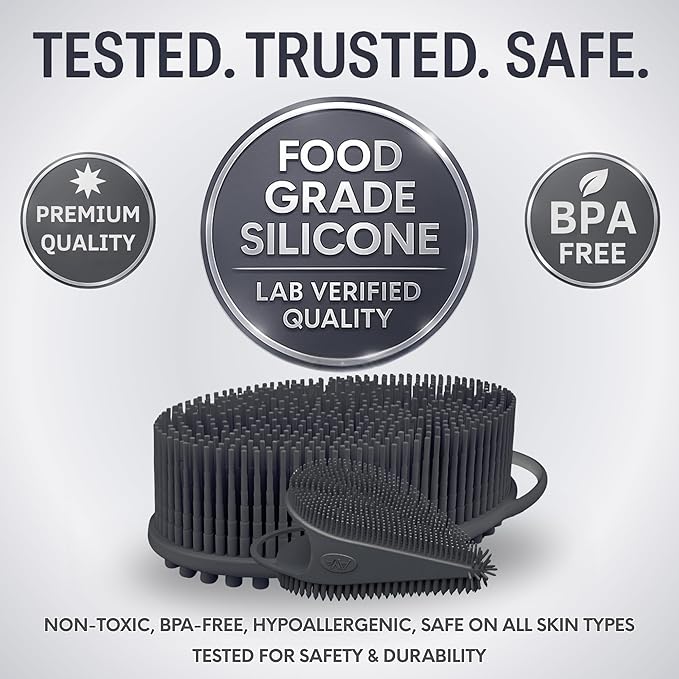 Avilana Silicone Body Scrubber – Gentle Shower Brush & Loofah Alternative- Food Grade & Lab Tested – Fast-Drying, Hygienic, BPA-Free Silicone Body Gentle Exfoliator (Dark Gray, Body & Face)-Velvo Beauty