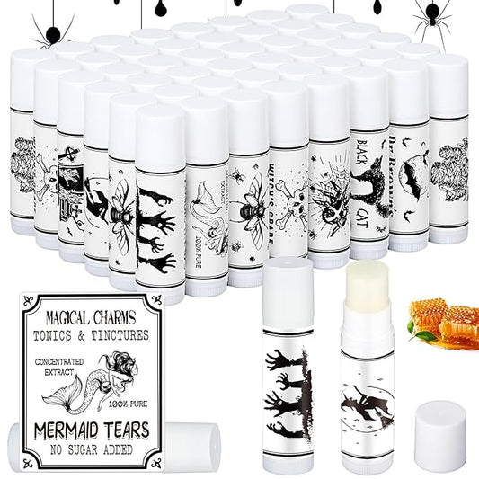 50 Pcs Halloween Spooky Lip Balm Gifts Bulk Vintage Apothecary Skull Lip Balm Favors Honey Flavor Lip Balms Halloween Party Supplies Goodies Halloween Treat Bag Stuffer for Kids Adults-Velvo Beauty