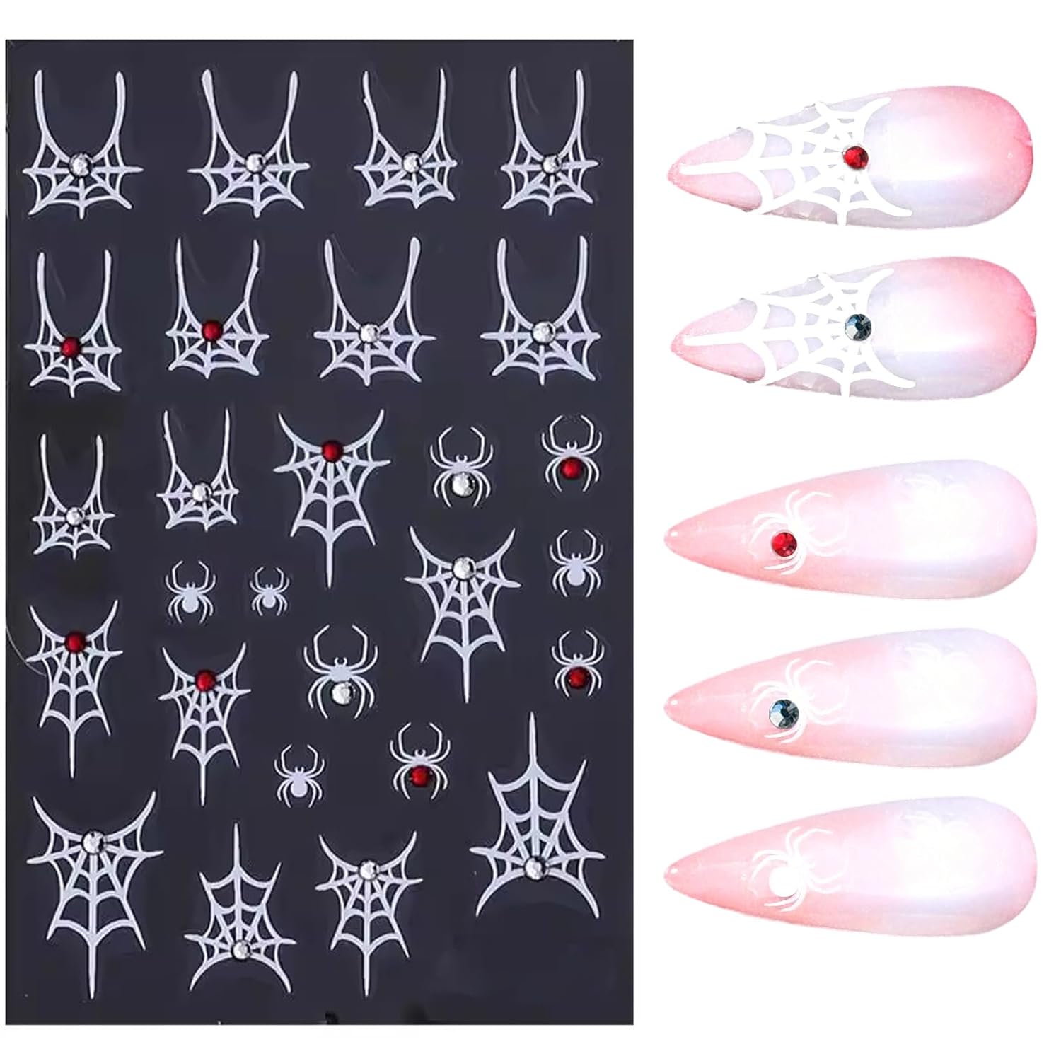 SILPECWEE 6 Sheets Halloween Nail Art Stickers, 3D Metal Nail Stickers Diamond Spider Web Nails Art Design Decal Manicure Sticker for Women Girl DIY Holiday Decoration-Velvo Beauty