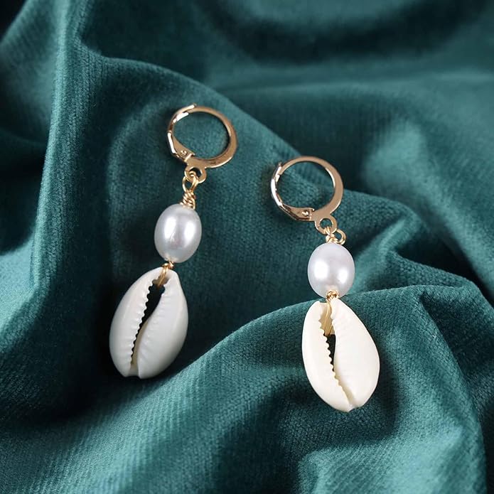 Boho Shell Drop Earrings Vintage Gold Star Shell Dangle Earrings Statement Cowrie Shell Hook Earrings Summer Beach Seashell Earrings Jewelry for Women-Velvo Beauty