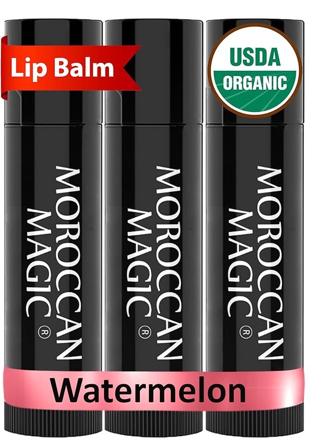 Moroccan Magic Organic Watermelon Lip Balm 3 Pack | Ultra-Hydrating Argan & Essential Oil Lip Moisturizer + Vitamin E | Natural Chapstick for Dry Lips | Smooth, Non-Toxic | Organic Lip Balm-Velvo Beauty