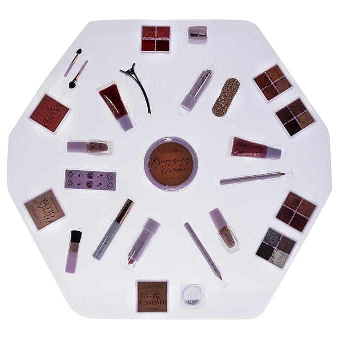 Sunkissed Christmas 25 Days of Beauty - Face, Lips and Eye Makeup - 2 Nail Polishes and 3 Cosmetic Brush Applicators - Vegan Formula - 25 Makeup Products and Accessories - 1 pc Gift Set-Velvo Beauty