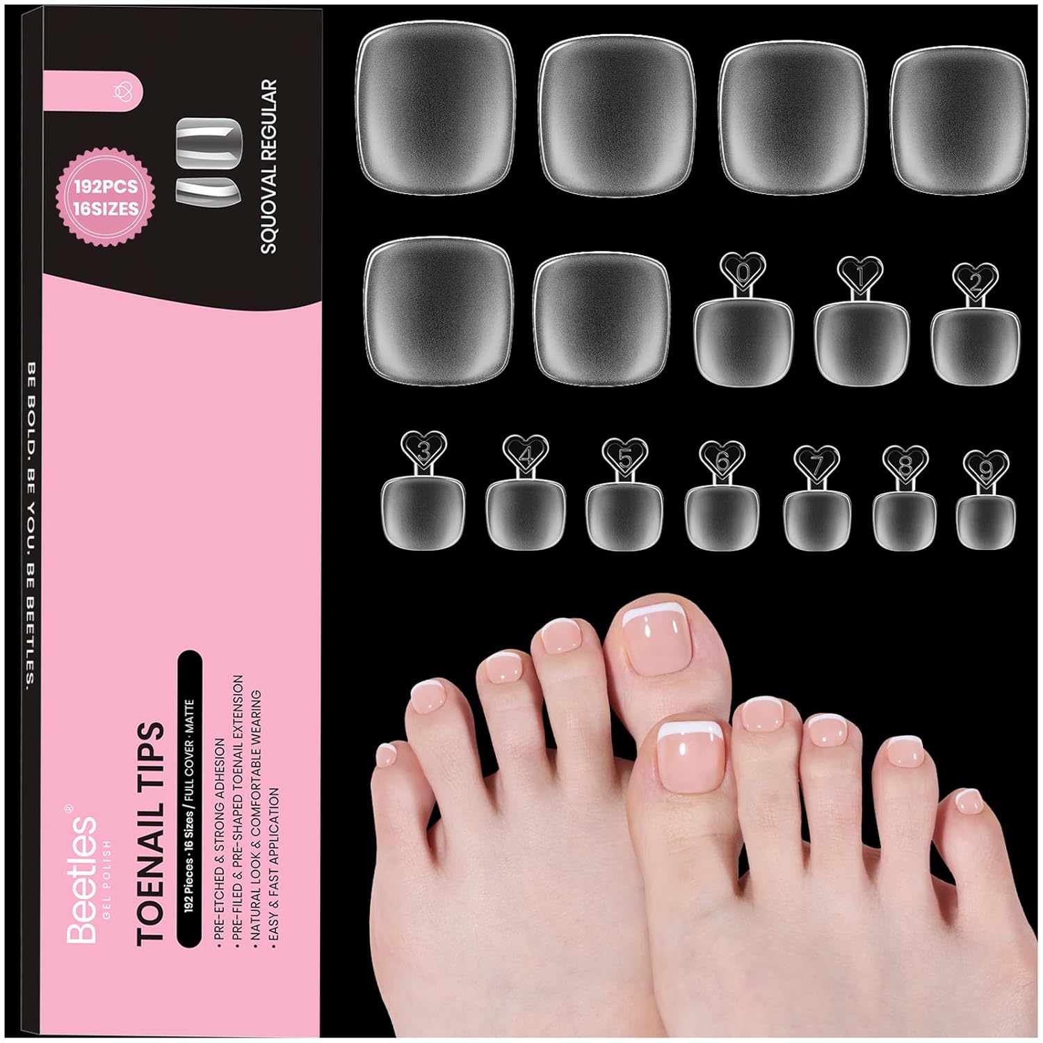 Beetles Toe Nail Tips Square - 16 Sizes 192 Pcs Full Cover Nail Tips Fake Acrylic Toe Nail Pre-etched Double Matte Press on Toenails, Soft Gel Toe Nail Extensions for Women-Velvo Beauty