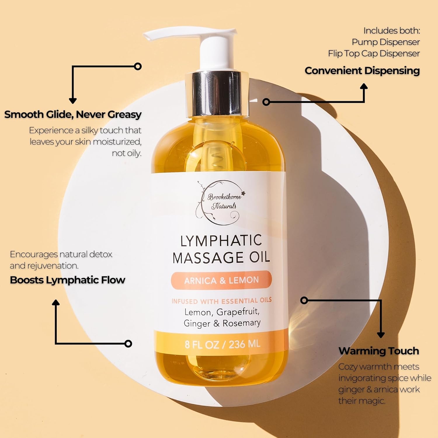 Lymphatic Massage Oil for Massage Therapy | 100% Natural Lymphatic Drainage Oil | Premium Quality with Arnica, Lemon & Ginger | for Post Surgery Recovery & Detox | 8oz by Brookethorne Naturals-Velvo Beauty