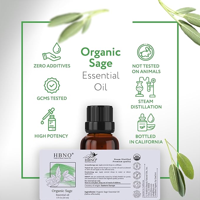 HBNO Organic Sage Essential Oil - 1 oz (30ml) - USDA Certified Organic Sage Essential Oil for Aromatherapy, Soap Making, DIY, Fragrances, Diffuser.-Velvo Beauty