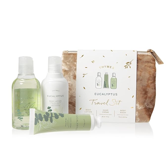 Thymes Travel Set and Beauty Bag - Contains Body Wash, Body Lotion & Hand Cream - Eucalyptus-Velvo Beauty