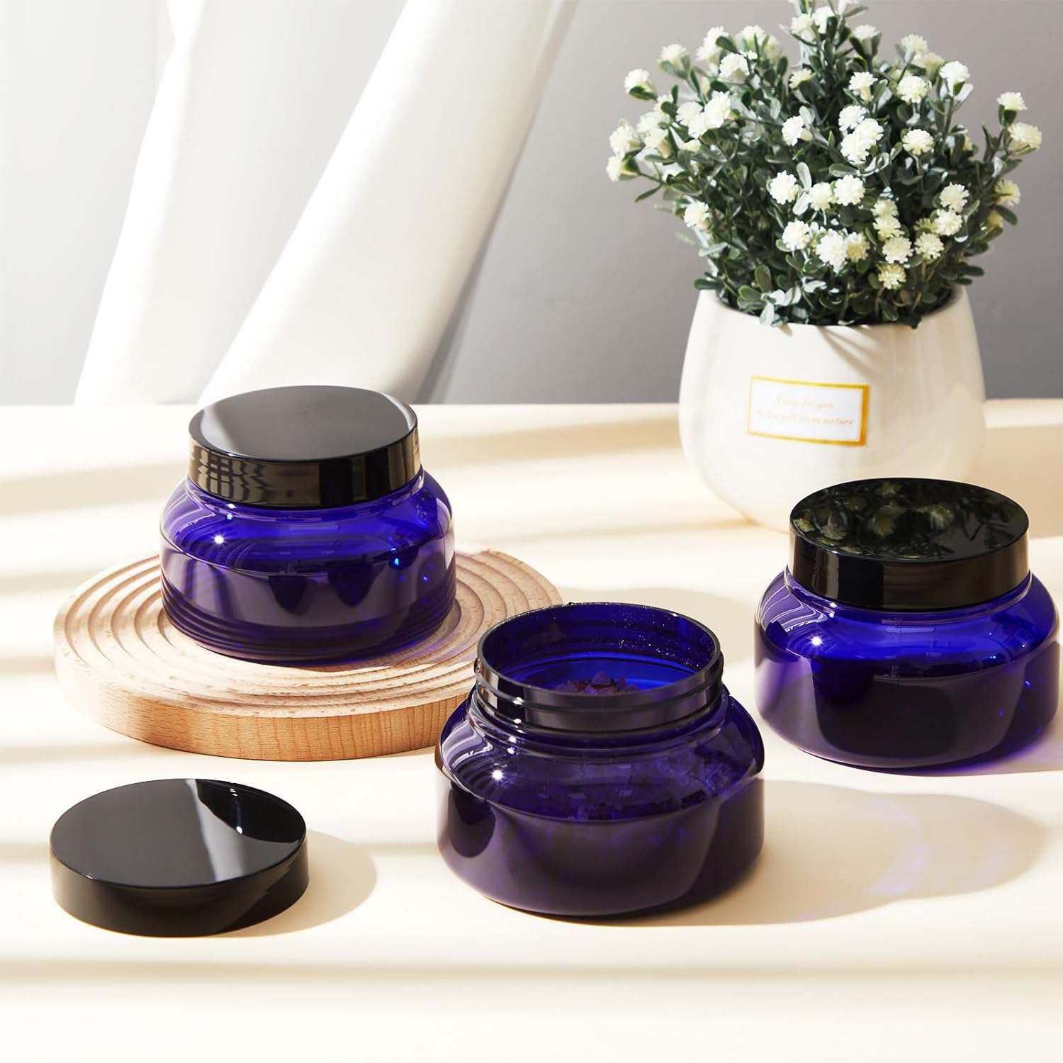 Tessco 24 Pack Plastic Jars with Lids Labels Empty Clear Plastic Jars Round Refillable Cosmetic Containers Body Butter Containers Bulk Sugar Scrub Bottle for Make Up(8 oz,Blue, Black)-Velvo Beauty