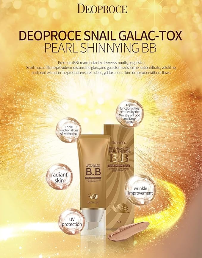 Deoproce Snail Galac Pearl Shining BB Cream SPF50+/PA+++ Skin Tone Correction, Blemish Covering, UVA/UVB Block reduction in appearance of fine lines (#23 Sand Beige)-Velvo Beauty