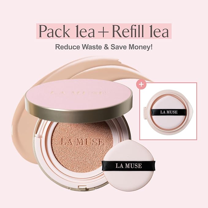 LA MUSE Korean Cushion Foundation, #21 Light Beige(2 Packs) | Lightweight, Breathable but Perfect Blemish Cover for Summer | Long-Lasting, Korean Foundation with Radiant Dewy Finish | Skin Hydrating-Velvo Beauty