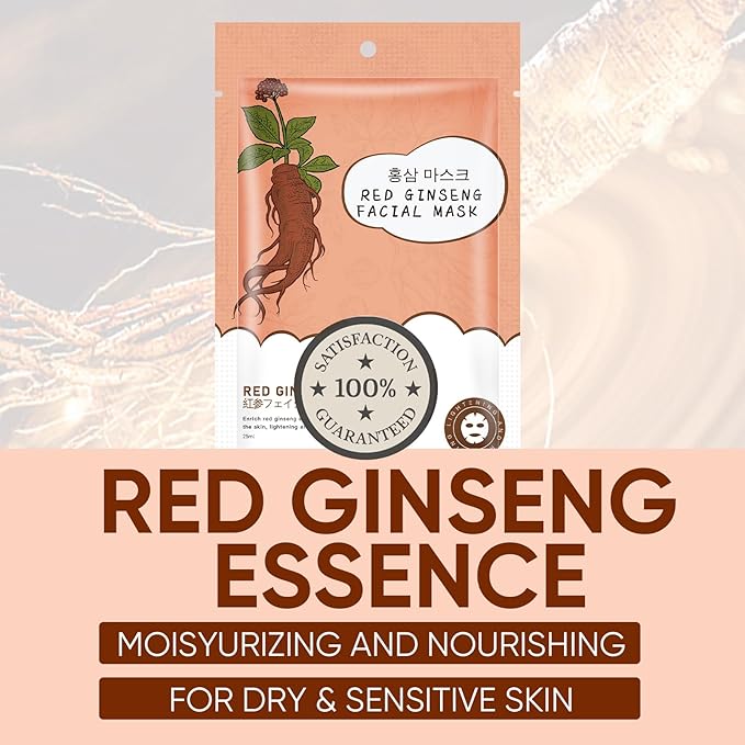 10Pack Sheet Face Masks Skincare for All Skin Types, Moisturizing Hydrating Face Masks Suitable for Sensitive Skin, Red Ginseng Face Masks for Wrinkles, Fine-Lines, Firmness and Elasticity-Velvo Beauty