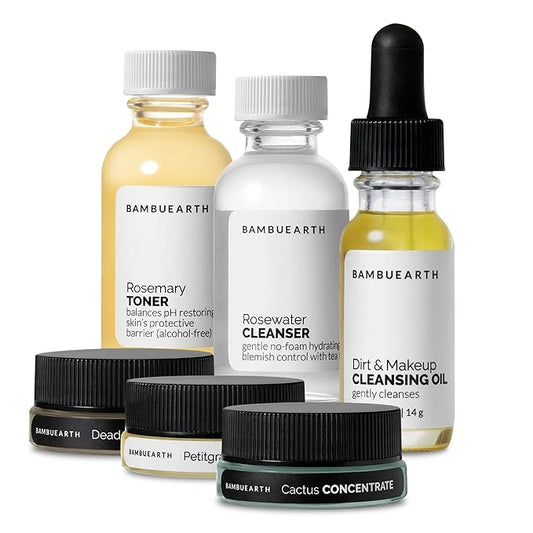 Bambu Earth Natural Skincare Starter Kit, 6 pieces - Organic Ingredients - Includes Dead Sea Mud Mask, Facial Cleansing Oil, Toner, Rosewater Cleanser, Moisturizers for Healthy Glowing Skin-Velvo Beauty