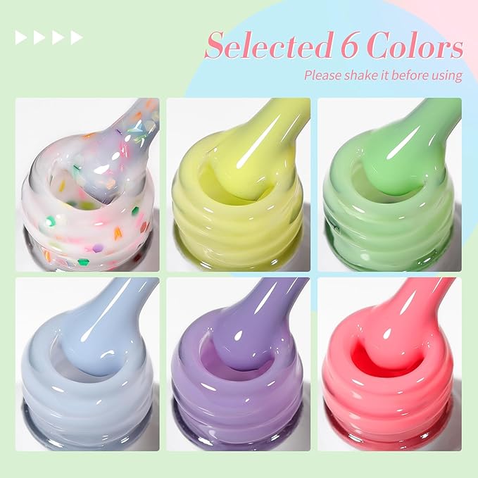 Born Pretty Jelly Pastel Gel Nail Polish 6 Colors Spring Summer Yellow Green Blue Purple Pink Candy Sweet Colors Apex Building Effect Gel Polish Kit Nail Art Gel Manicure Kit DIY at Home Salon Gifts-Velvo Beauty