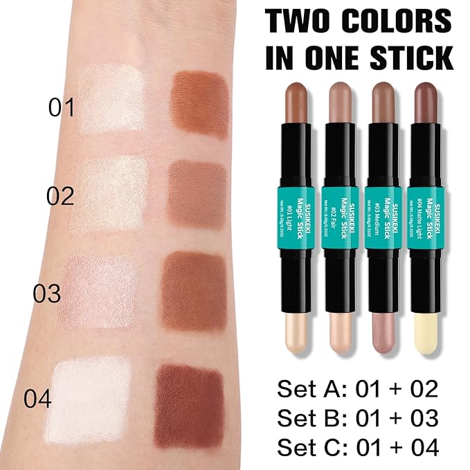 Contour Stick, 2Pcs Dual-Ended Highlighter Makeup Pen & Contouring Stick for Face Shaping, Long Lasting Waterproof Cream Bronzer & Highlight Sticks Make Up Kit for All Skin Tones (01# + 04#)-Velvo Beauty