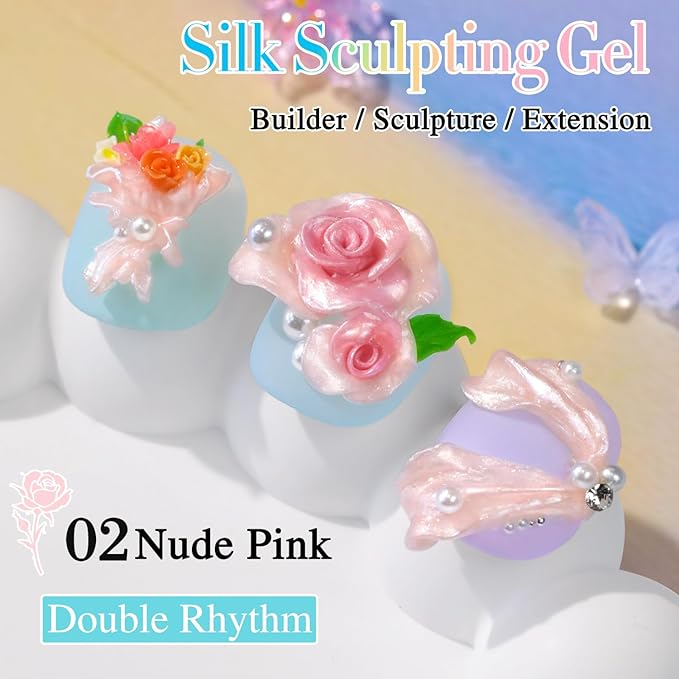 Double Rhythm 3D Nail Gel Pearl Solid Sculpting Gel for Nail Art Non-Sticky Hard for Building Carving Molding Extension Soak Off UV/LED Nail Art Salon Home DIY 0.5 Oz (Nude-Silk 02)-Velvo Beauty