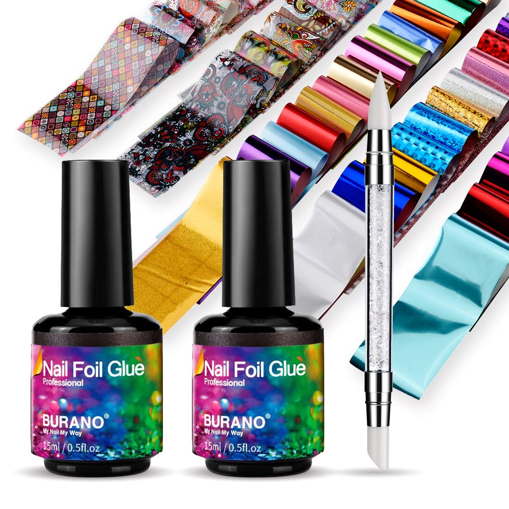 BURANO Nail Art Foil Glue Gel, 15ML 2 Bottles with 60PCS Foils Sticker, Nails Designer Adhesive Transfer Art UV LED Lamp Required-Velvo Beauty
