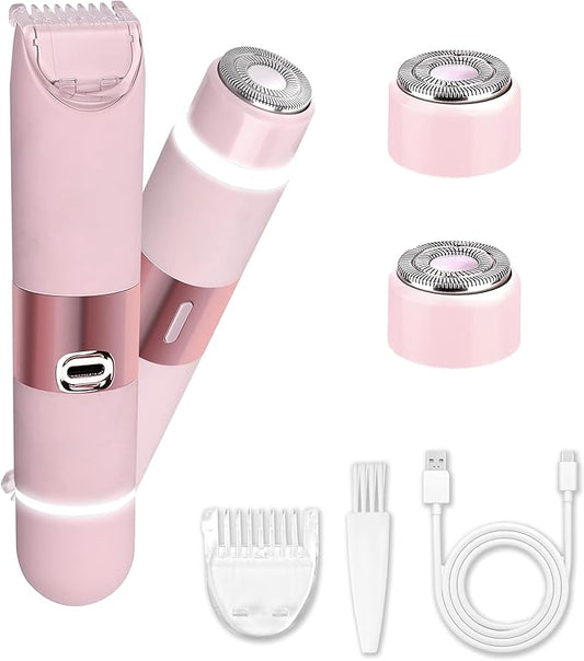 Bikini Trimmer for Women, Glow Aura Womens Shaver, Quiet Dual Head Waterproof Cordless Rechargeable Painless Trimmer for Underarms, Legs, Body (Pink)-Velvo Beauty
