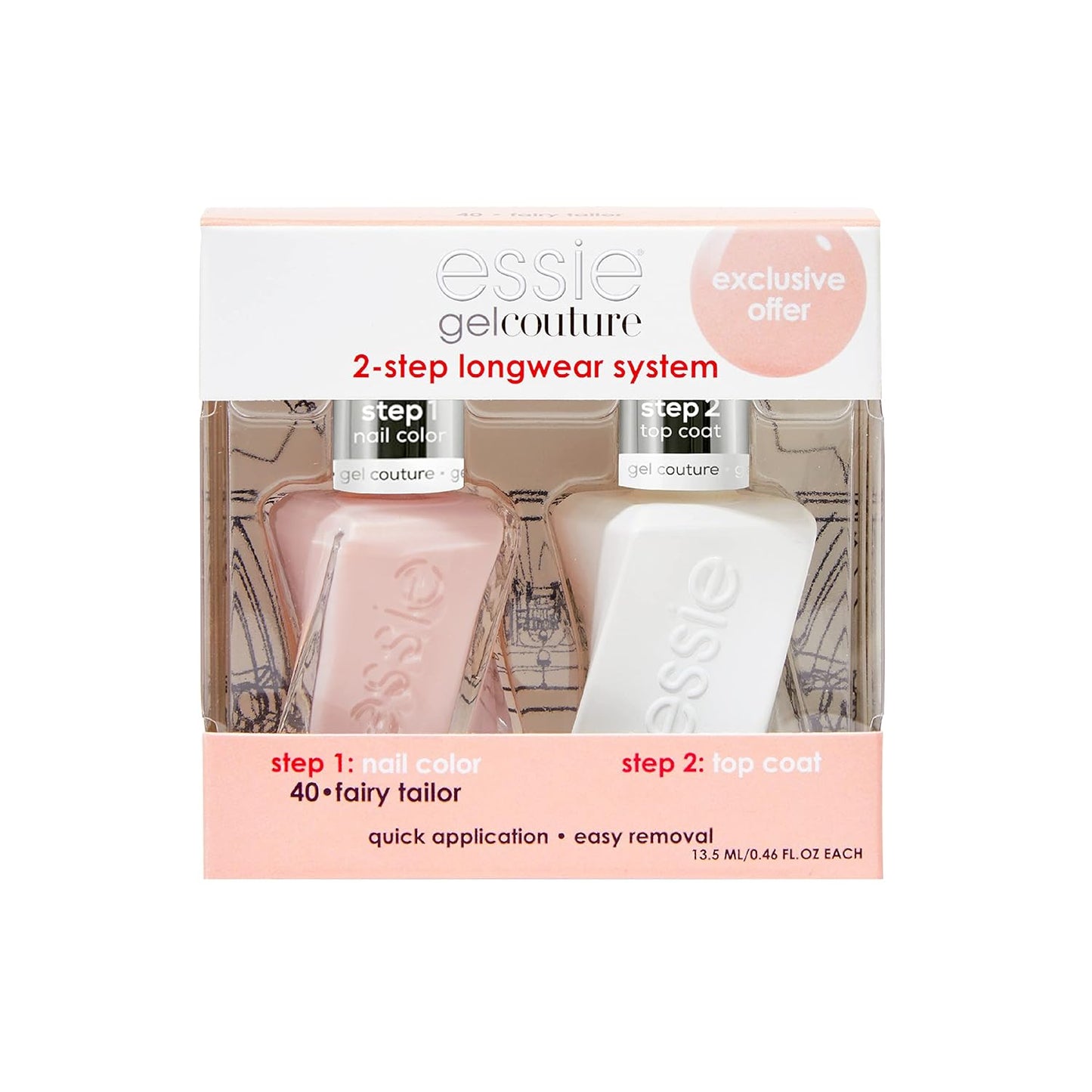 Essie Gel Couture Longwear Nail Polish Kit, Sheer Nude Pink, Fairy Tailor + Top Coat, 0.46 fl oz each-Velvo Beauty