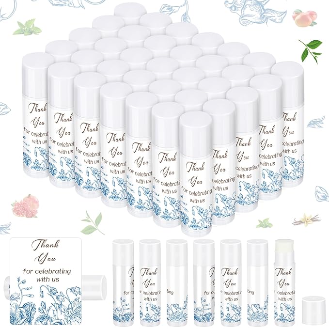 Dunzy 50 Pcs Thank You Gift Lip Balm Bulk Baby Shower Party Favors Bridal Shower Favor Lip Care with Assorted Fruit Flavors Thank You Lipstick for Guest Basket Gift Stuffer (Blue and White Porcelain)-Velvo Beauty