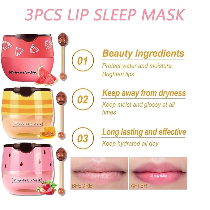 Bee Lip Balm Honey Pot, Strawberry & Honey Moisturizing Propolis Lip Mask, Hydrating & Prevention Dry and Cracked Lip Scrubs Exfoliator, Reduces Lip Lines (Red Yellow Pink)-Velvo Beauty