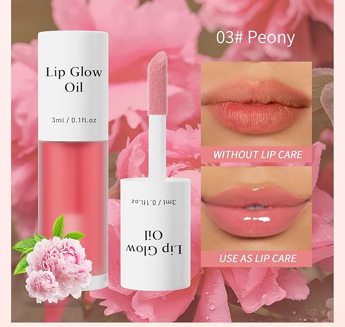 Plumping Lip Oil, Long Lasting Hydrating Lip Stain Lip Balm Revitalizing, Transparent and Tinting Lip Care Oil for Dry Lip (Peony)-Velvo Beauty