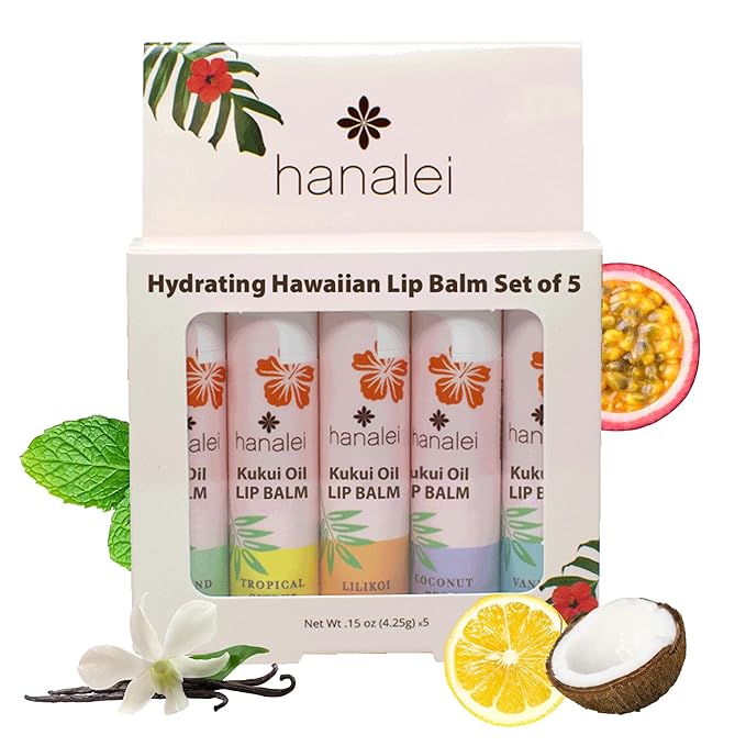 Hanalei Lip Balm and Moisturizer - Natural Kukui Oil, Beeswax Lip Moisturizer - Replenish and Repair Dry, Chapped Lips - Variety Pack (5 Tubes)-Velvo Beauty