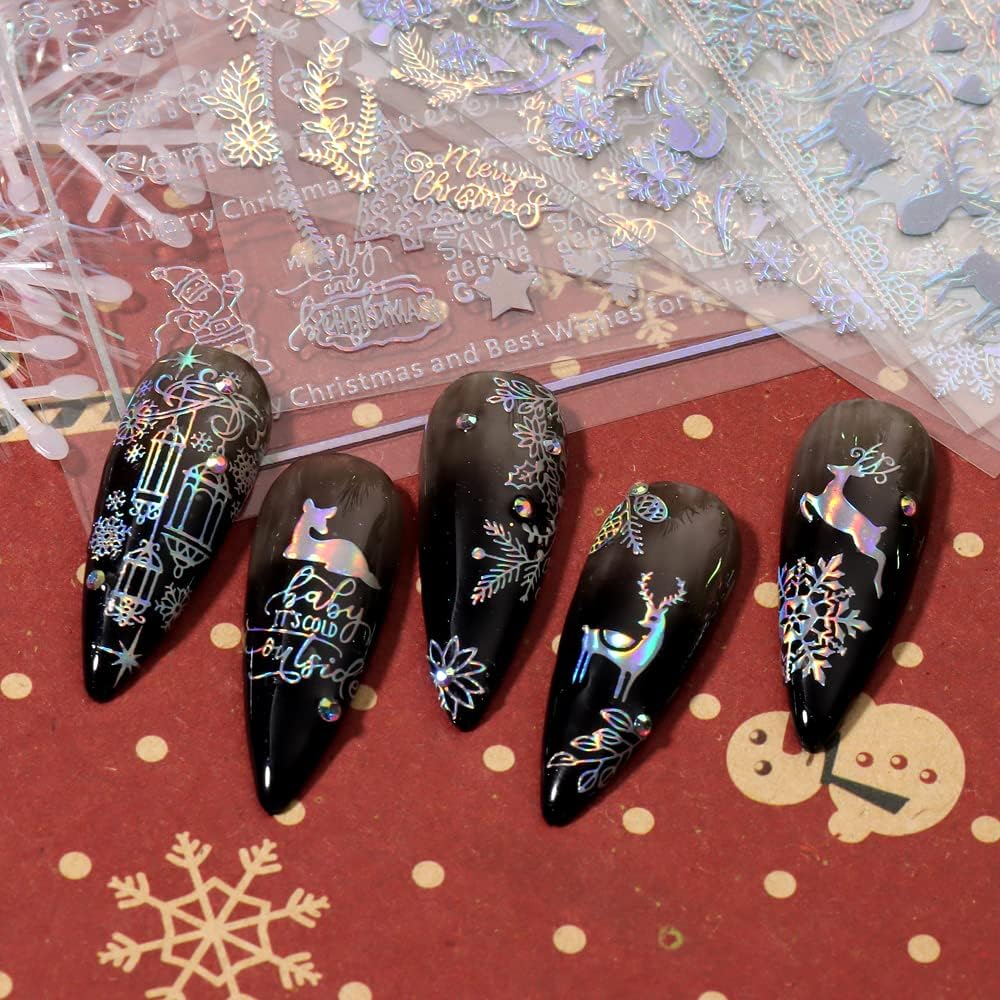 9 Sheets Aurora Christmas Nail Art Stickers Decals Self-Adhesive Pegatinas Uñas Glitter Rose Gold Snowflakes Winter Nail Supplies Nail Art Design Decoration Accessories-Velvo Beauty