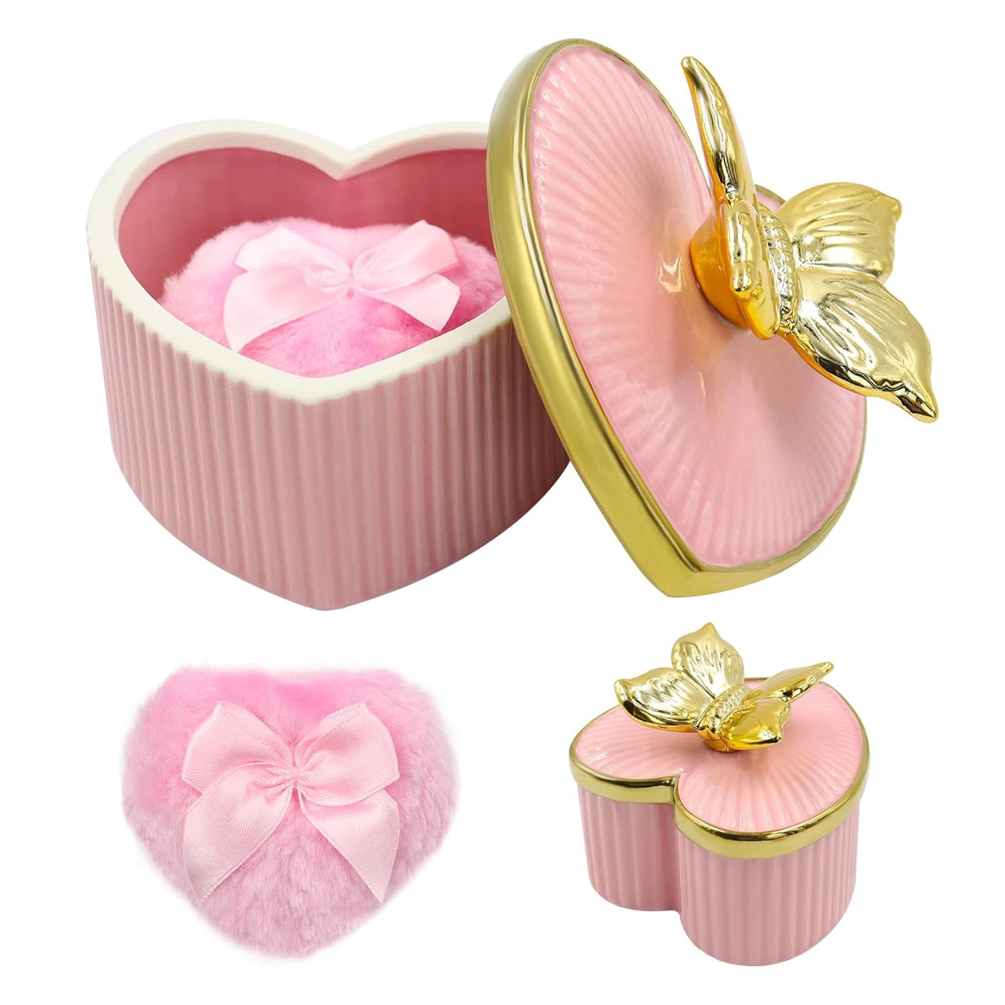 Large Body Powder Puff and Container, Ceramics Dusting Powder Container with 2 PCS Washable Heart Shaped Body Puff, Butterfly Dusting Case for Wet and Dry Makeup (Pink)-Velvo Beauty