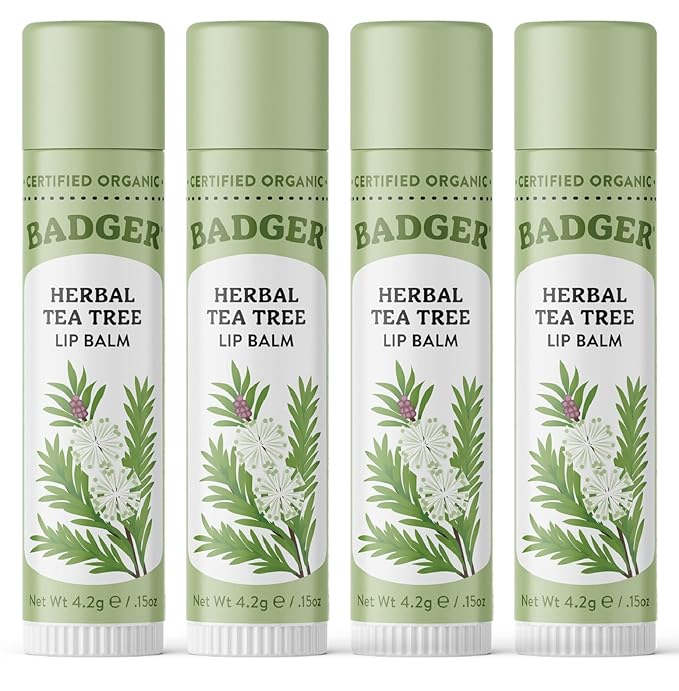 Badger - Herbal Lip Balm, Tea Tree & Lemon, Certified Organic Lip Balm, Fair Trade, Herbal Lip Care, 0.15 oz (4 Pack)-Velvo Beauty
