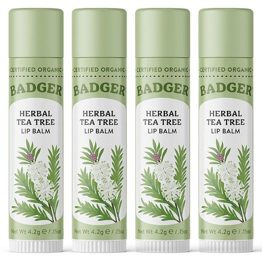 Badger - Herbal Lip Balm, Tea Tree & Lemon, Certified Organic Lip Balm, Fair Trade, Herbal Lip Care, 0.15 oz (4 Pack)-Velvo Beauty